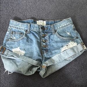 One Teaspoon Blue Distressed Jean Shorts Raw Hem